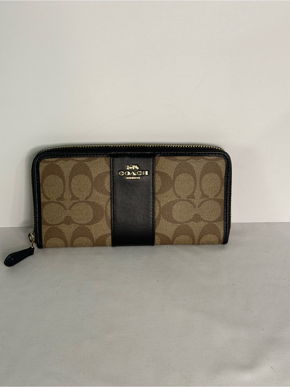 Coach Khaki Brown Signature Canvas Long Zip Around Wallet with Black Trim